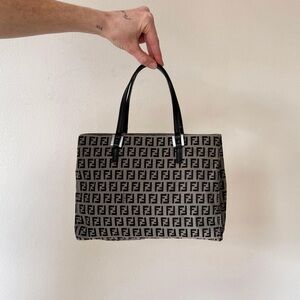 Fendi Black and Beige Monogram Tote with Leather Handles